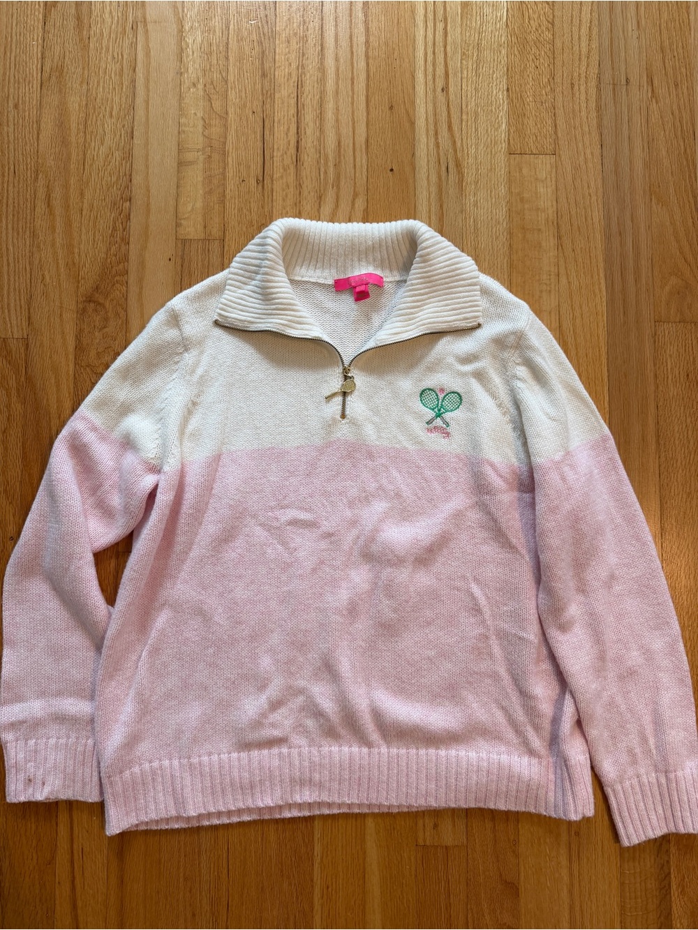 Lilly Pulitzer Cream and Pink Half-Zip Sweater with Tennis Embroidery